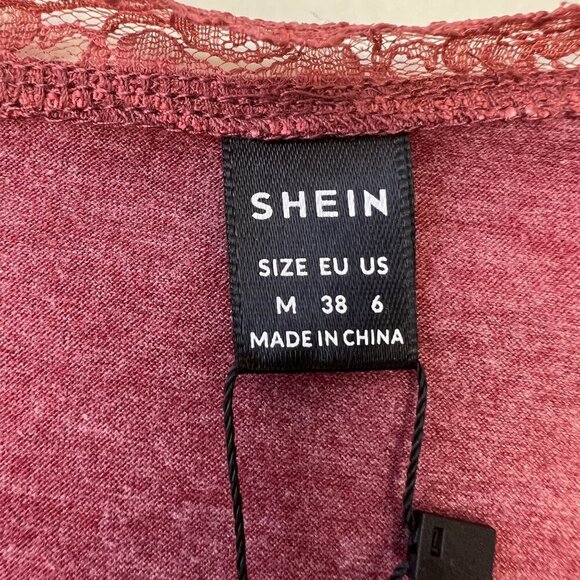 Shein Womens Lace Trim V-Neck‎ Short Sleeve Top M Red - Picture 2 of 2